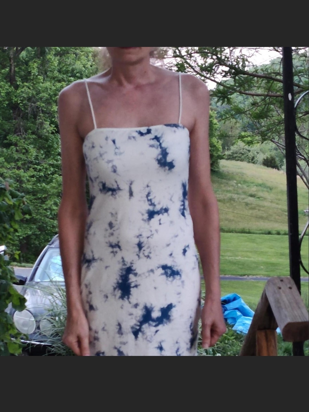 Women’s White Tie-Dye Slip Dress with Navy Accents